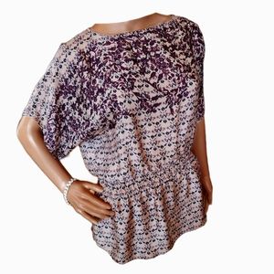 Vintage Y2K Mauve Burgundy Floral Batwing Blouse Size S